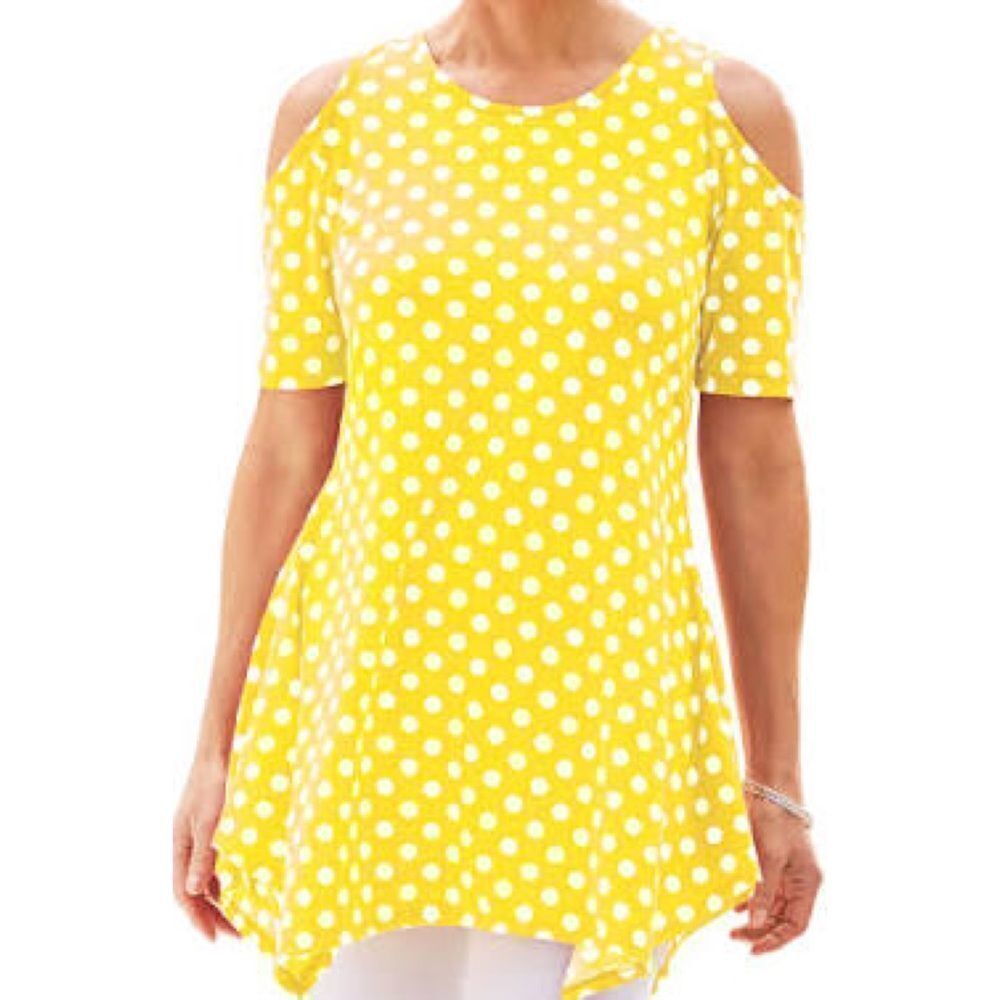 Anthony Richards Women’s Yellow with White Polka Dot Cold Shoulder Tunic Large